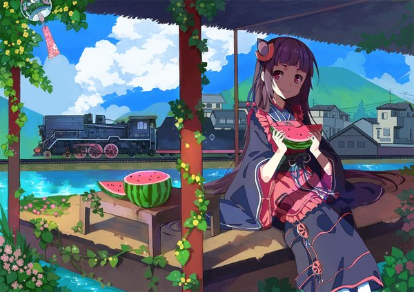 Anime picture 1500x1060 with original zhuxiao517 single long hair looking at viewer blush smile red eyes brown hair sitting traditional clothes japanese clothes girl hair ornament flower (flowers) water food kimono obi berry (berries)