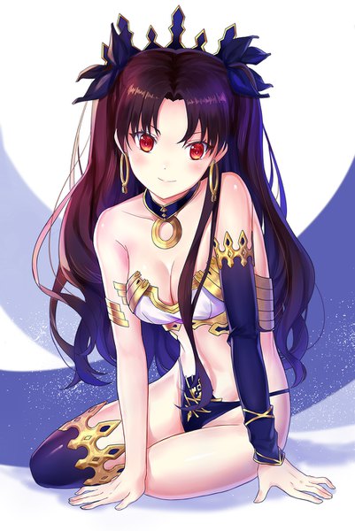Anime picture 937x1400 with fate (series) fate/grand order ishtar (fate) tokikouhime single long hair tall image looking at viewer blush fringe breasts light erotic smile red eyes brown hair sitting bare shoulders bent knee (knees) arm support two side up