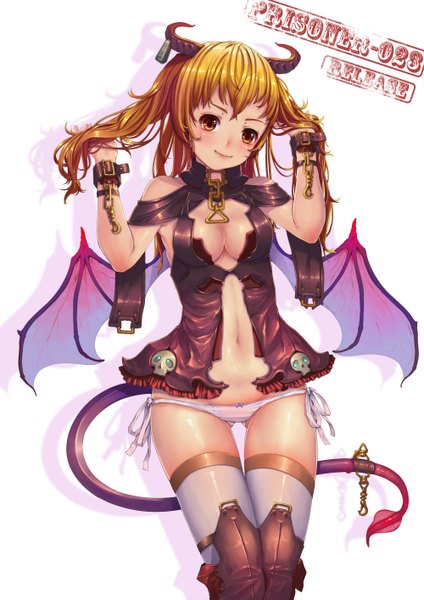 Anime picture 2000x2828 with original fangxiang cuoluan single long hair tall image looking at viewer blush highres breasts light erotic simple background blonde hair white background brown eyes horn (horns) demon girl girl thighhighs navel underwear