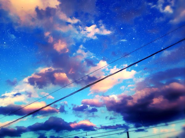 Anime picture 3264x2448 with original usamochi. highres absurdres sky cloud (clouds) no people star (stars) power lines