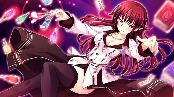 Anime picture 1280x720 with witch's garden kagami yuuko ko~cha single long hair blush red eyes wide image game cg red hair magic girl thighhighs dress black thighhighs glasses