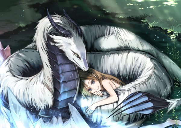 Anime picture 2480x1753 with original kyl (artist) long hair highres blonde hair smile purple eyes horn (horns) girl plant (plants) water crystal dragon