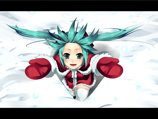 Anime picture 1024x768 with vocaloid hatsune miku aoinagi single long hair looking at viewer twintails aqua eyes from above aqua hair zettai ryouiki christmas letterboxed winter snow girl thighhighs santa claus costume mantle red gloves
