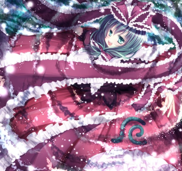 Anime picture 1500x1414 with touhou kagiyama hina mikazuki sara open mouth smile green eyes green hair from above snowing winter snow girl hair ornament bow ribbon (ribbons) hair bow