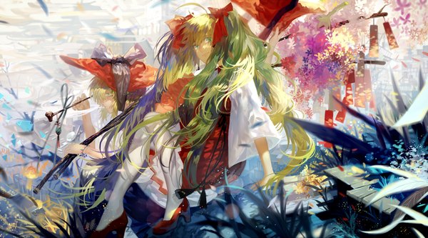 Anime picture 1440x800 with vocaloid hatsune miku gumi tang elen long hair looking at viewer wide image twintails multiple girls green eyes ahoge green hair girl thighhighs flower (flowers) ribbon (ribbons) 2 girls plant (plants) hair ribbon white thighhighs