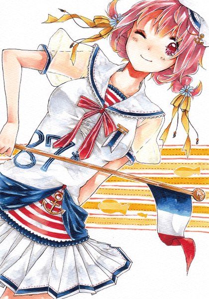 Anime picture 850x1214 with original kawana (spicaboy) single tall image blush short hair smile pink hair braid (braids) one eye closed pink eyes wink dutch angle twin braids france girl ribbon (ribbons) hair ribbon sailor suit flag