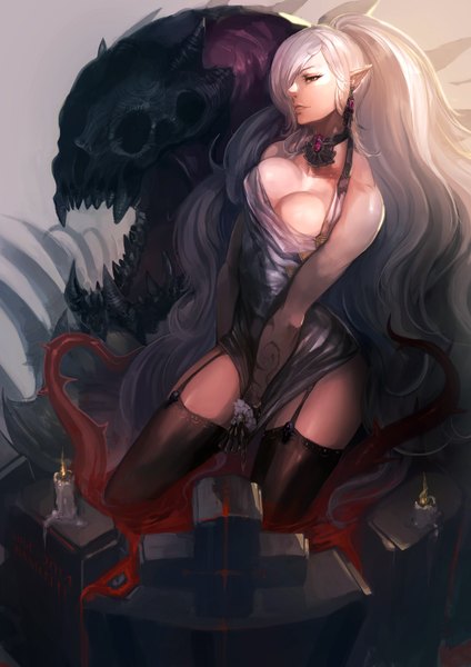 Anime picture 1096x1550 with original bamuth single long hair tall image blush fringe open mouth light erotic sitting bare shoulders looking away white hair light smile lips pointy ears hair over one eye teeth kneeling covering crotch