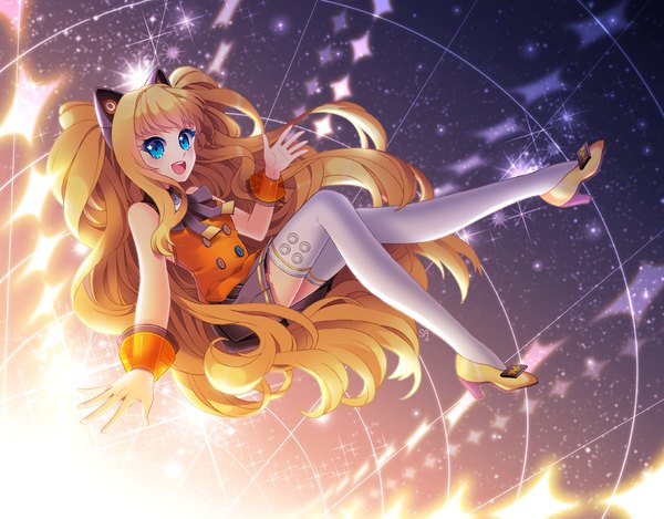 Anime picture 1000x782 with vocaloid seeu saban single long hair blush open mouth blue eyes blonde hair animal ears cat ears girl thighhighs skirt miniskirt white thighhighs
