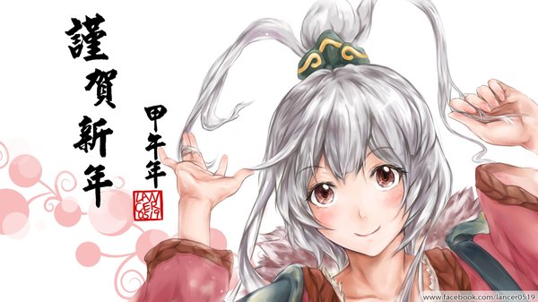 Anime picture 1920x1080 with league of legends riven (league of legends) lancer0519 single long hair looking at viewer blush fringe highres simple background smile wide image white background silver hair pink eyes fingernails wide sleeves alternate costume adjusting hair alternate hairstyle