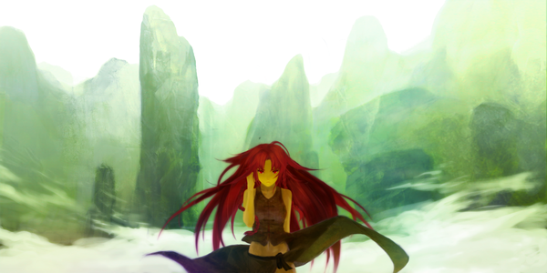 Anime picture 1500x750 with touhou hong meiling multic (artist) single long hair red eyes wide image red hair mountain girl navel