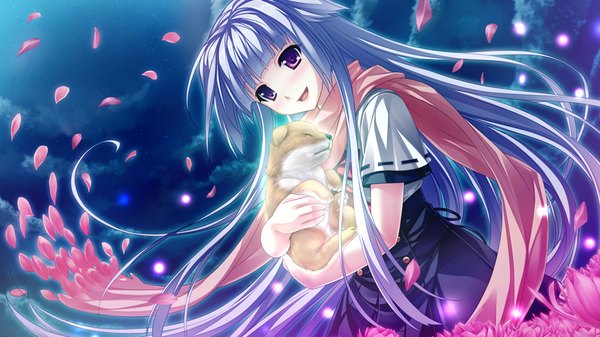 Anime picture 1024x576 with tsukumo no kanade skyfish (studio) single long hair blush open mouth red eyes wide image game cg white hair night girl dress flower (flowers) petals scarf dog