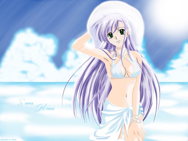 Anime picture 1600x1200 with yoake mae yori ruri iro na august soft feena fam earthlight imkhaos single long hair looking at viewer breasts green eyes purple hair cloud (clouds) outdoors sunlight inscription blue background horizon third-party edit summer girl swimsuit