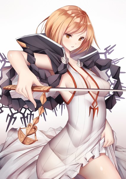 Anime picture 1200x1694 with granblue fantasy gita (granblue fantasy) snm (sunimi) single tall image looking at viewer blush short hair breasts light erotic blonde hair simple background white background brown eyes girl dress weapon sword