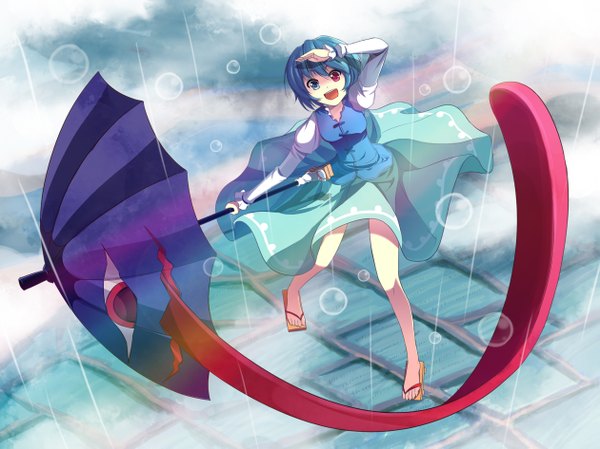 Anime picture 2519x1889 with touhou tatara kogasa shinebell single looking at viewer highres short hair open mouth blue hair heterochromia rain long tongue girl dress tongue umbrella sandals