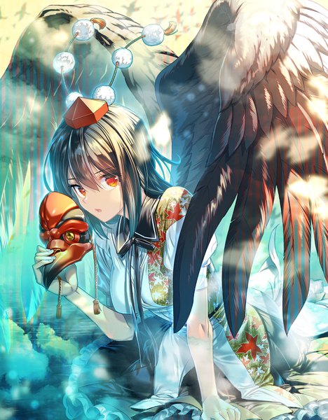 Anime picture 780x1000 with touhou shameimaru aya zounose tall image looking at viewer fringe short hair breasts black hair hair between eyes red eyes sitting holding parted lips pleated skirt arm support leaning leaning forward partially submerged black wings