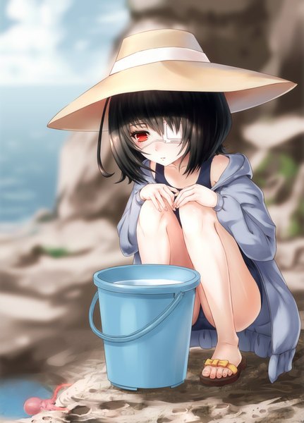 Anime picture 1500x2088 with another p.a. works misaki mei futsuka (dzone) single tall image blush short hair black hair red eyes sitting open clothes open jacket girl swimsuit hat eyepatch sandals