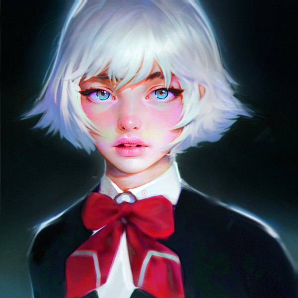Anime picture 910x910 with original irakli nadar single looking at viewer short hair blue eyes simple background upper body white hair parted lips lips realistic teeth lipstick black background portrait eyebrows pink lipstick makeup girl