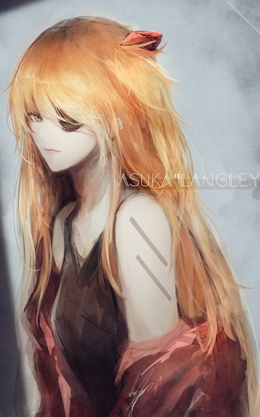 Anime picture 639x1024 with neon genesis evangelion gainax soryu asuka langley marumoru single long hair tall image looking at viewer fringe breasts hair between eyes brown eyes lips orange hair character names girl eyepatch