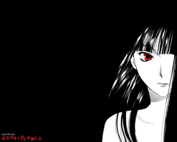 Anime picture 1280x1024 with black hair red eyes black background close-up anne freaks