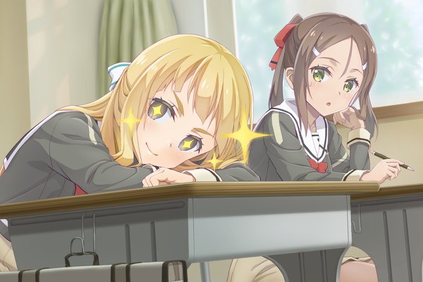 Anime picture 1200x800 with yuusha de aru yuuki yuuna wa yuusha de aru washio sumi wa yuusha de aru nogi sonoko miyoshi karin okutagon long hair looking at viewer fringe open mouth blonde hair smile brown hair sitting multiple girls brown eyes green eyes ponytail arm support :o