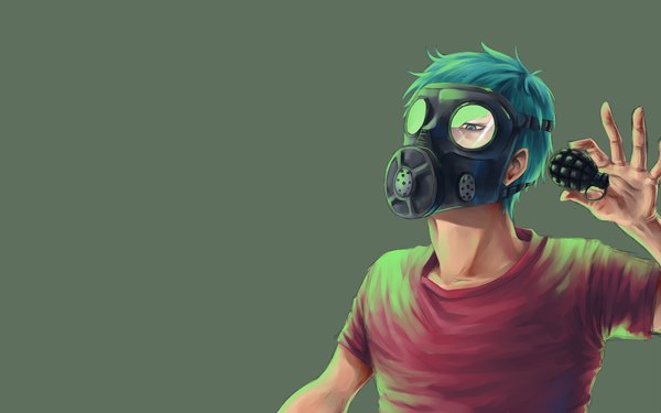 Anime picture 1280x800 with original mizuk0 single short hair blue eyes simple background wide image aqua hair boy weapon mask t-shirt gas mask grenade