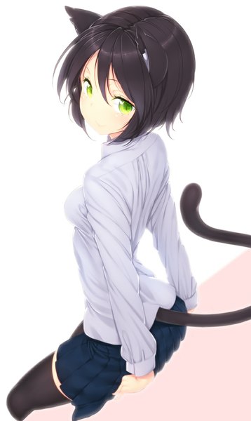 Anime picture 687x1150 with original zizi (zz22) single tall image looking at viewer short hair black hair sitting green eyes animal ears tail animal tail light smile cat ears cat tail turning head girl thighhighs skirt black thighhighs