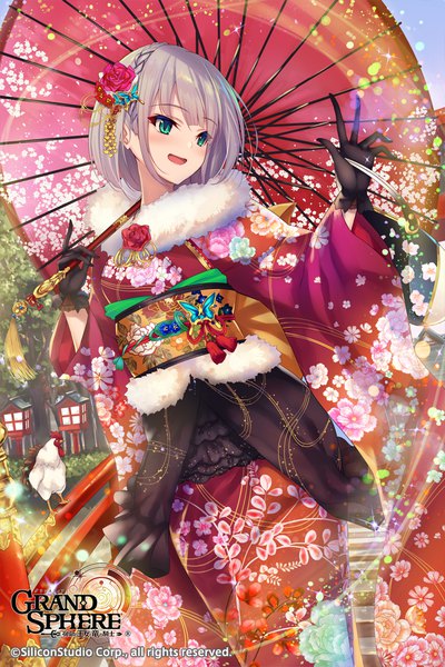 Anime picture 680x1020 with grand sphere teol (grand sphere) fukai ryosuke single tall image short hair open mouth green eyes looking away silver hair traditional clothes japanese clothes official art copyright name new year girl gloves animal black gloves kimono