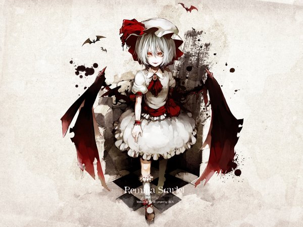 Anime picture 1600x1200 with touhou remilia scarlet riku (wana) single looking at viewer highres red eyes white background silver hair teeth short sleeves fang (fangs) puffy sleeves checkered floor bat wings floor checkered vampire girl skirt