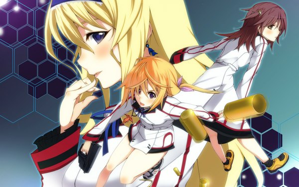 Anime picture 1680x1050 with infinite stratos 8bit charles dunois cecilia orcott nohotoke honne long hair blush short hair open mouth blue eyes blonde hair brown hair wide image twintails purple eyes multiple girls brown eyes girl uniform weapon