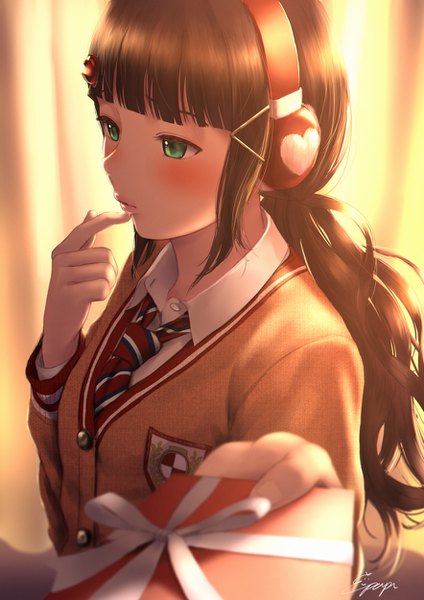 Anime picture 884x1250 with love live! sunshine!! sunrise (studio) love live! kurosawa dia papi (papiron100) single long hair tall image blush fringe brown hair green eyes signed payot looking away upper body blunt bangs finger to mouth low ponytail alternate hairstyle