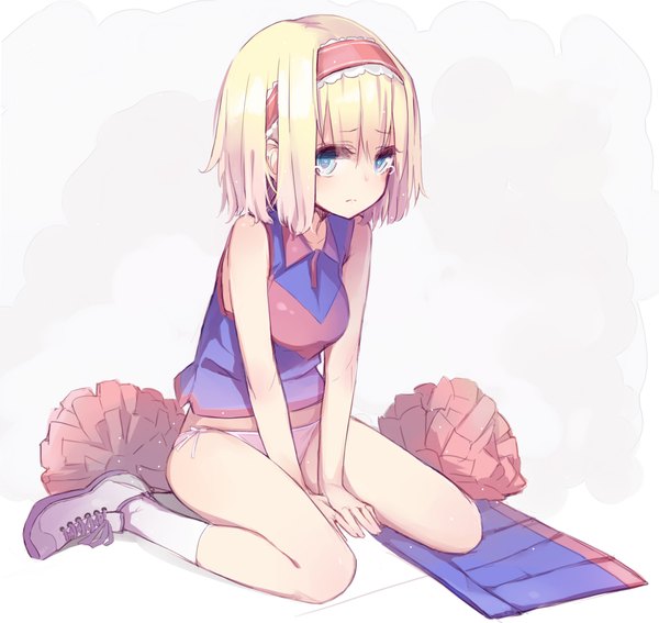 Anime picture 1056x998 with touhou alice margatroid kojiki-life single looking at viewer blush fringe short hair blue eyes light erotic simple background blonde hair sitting bare shoulders alternate costume wariza cheerleader girl underwear panties