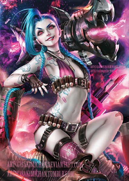 Anime picture 568x800 with league of legends jinx (league of legends) sakimichan single long hair tall image looking at viewer breasts light erotic smile sitting signed blue hair braid (braids) nail polish pink eyes realistic tattoo twin braids crossed legs