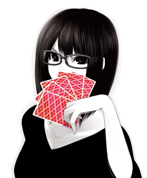 Anime picture 800x971 with original poaro single tall image looking at viewer black hair white background holding signed black eyes portrait pale skin girl dress glasses black dress card (cards)