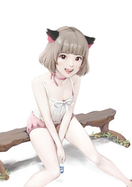 Anime picture 2480x3508 with original hana (jubi) jubi (regiana) single tall image looking at viewer fringe highres short hair open mouth light erotic simple background white background bare shoulders brown eyes signed animal ears blunt bangs grey hair cat ears