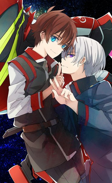 Anime picture 615x1000 with kakumeiki valvrave sunrise (studio) l-elf karlstein tokishima haruto valvrave takerusilt tall image looking at viewer fringe short hair hair between eyes brown hair purple eyes silver hair profile aqua eyes light smile multiple boys finger to mouth victory