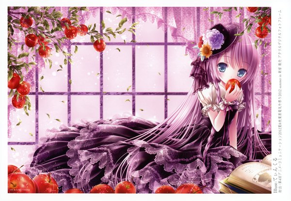 Anime picture 3475x2406 with original tinker bell single long hair looking at viewer blush highres blue eyes absurdres purple hair scan loli girl dress flower (flowers) hat leaf (leaves) fruit apple
