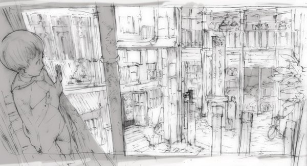 Anime picture 1317x717 with humi (artist) wide image outdoors looking down monochrome street drawing building (buildings) stairs child (children) door