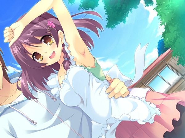 Anime picture 800x600 with hin wa bokura no fuku no kami shinonome manami rurino sakazuki single blush fringe short hair open mouth smile brown hair brown eyes game cg sky purple hair cloud (clouds) braid (braids) armpit (armpits) sleeveless hug girl