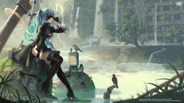 Anime picture 1920x1080 with nier nier:automata pod (nier:automata) ai-chan (playstation) vofan long hair highres light erotic wide image twintails full body ahoge bent knee (knees) aqua hair arm support high heels wavy hair cleavage cutout cosplay sheathed