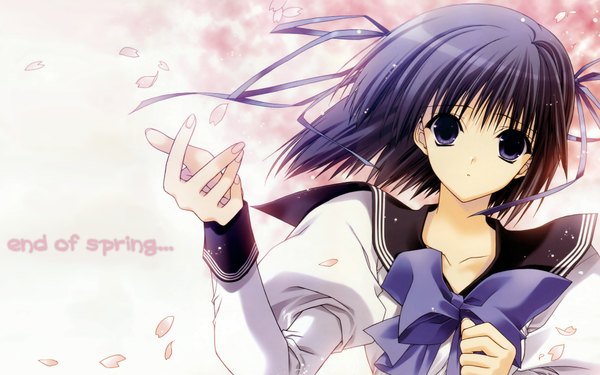 Anime picture 1920x1200 with original suzuhira hiro single looking at viewer highres short hair wide image purple eyes purple hair wind wallpaper cherry blossoms spring girl uniform ribbon (ribbons) plant (plants) hair ribbon petals tree (trees)