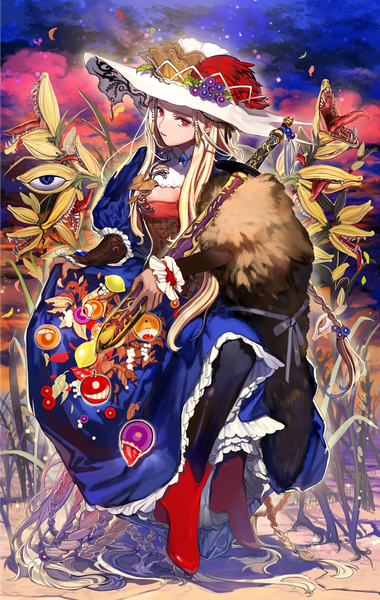 Anime picture 617x973 with original momo alto tall image blue eyes blonde hair red eyes sitting holding bent knee (knees) braid (braids) very long hair nail polish teeth girl dress flower (flowers) weapon hat sword tongue