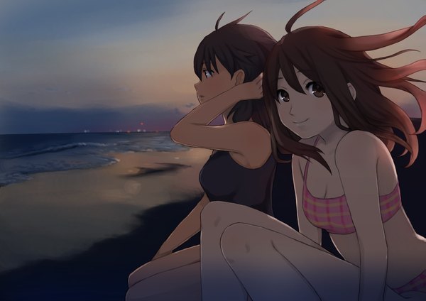 Anime picture 4209x2976 with original t-ihn highres breasts light erotic smile brown hair sitting multiple girls brown eyes absurdres beach lens flare adjusting hair evening reflection city lights leg hug girl 2 girls