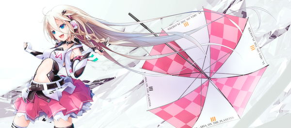 Anime picture 1810x800 with vocaloid ia (vocaloid) ajigo single long hair looking at viewer fringe highres open mouth blue eyes blonde hair simple background smile hair between eyes wide image bare shoulders ahoge braid (braids) very long hair :d