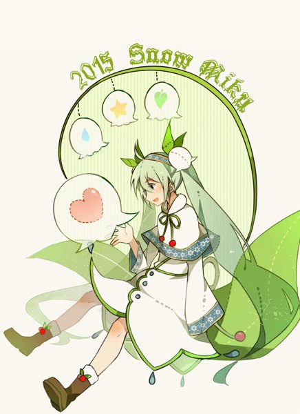 Anime picture 800x1100 with vocaloid hatsune miku yuki miku yuki miku (2015) fuuko (2679566944) single tall image blush simple background sitting twintails green eyes very long hair profile green hair character names girl flower (flowers) heart lily of the valley