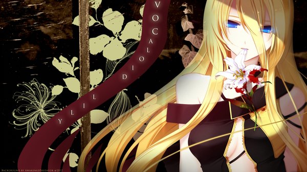 Anime picture 1920x1080 with vocaloid lily (vocaloid) single looking at viewer highres blue eyes blonde hair wide image very long hair inscription pale skin girl flower (flowers) petals blood