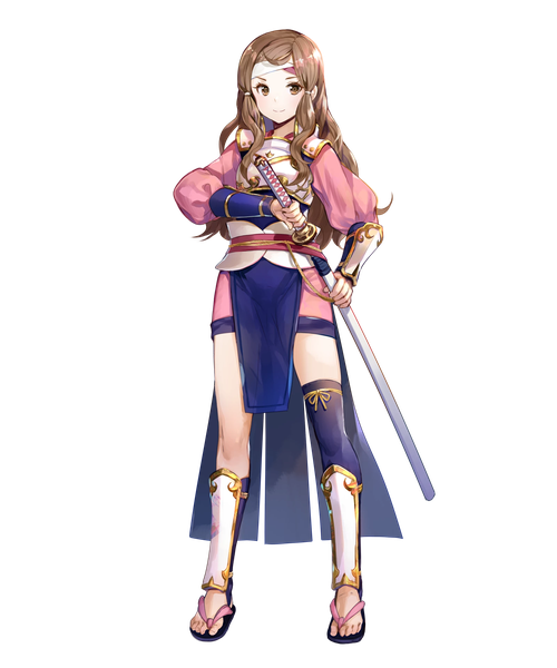 Anime picture 1600x1920 with fire emblem fire emblem heroes fire emblem fates nintendo kazahana (fire emblem if) fuzichoco single long hair tall image looking at viewer smile brown hair standing holding brown eyes full body traditional clothes japanese clothes official art transparent background