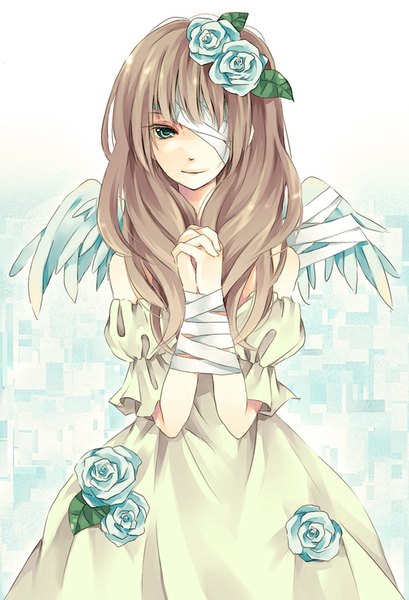 Anime picture 550x805 with original yuzuki karu single long hair tall image fringe brown hair bare shoulders green eyes hair flower light smile looking down angel wings hands clasped interlocked fingers bound hands bandage over one eye praying girl dress