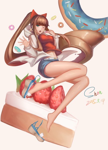 Anime picture 1406x1938 with original shon single tall image blush open mouth blue eyes brown hair bare shoulders very long hair one eye closed wink girl bow hair bow food sweets berry (berries) cake sandals