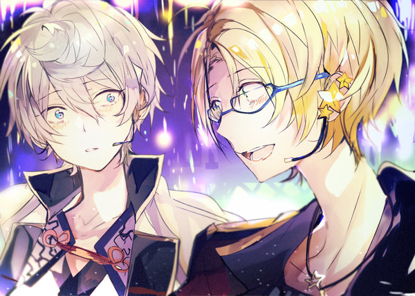 Anime picture 900x643 with ensemble stars! sena izumi (ensemble stars!) yuuki makoto (ensemble stars!) poni (rito) fringe short hair open mouth blue eyes blonde hair hair between eyes looking away silver hair multiple boys surprised boy glasses star (symbol) 2 boys microphone
