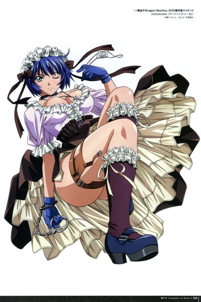 Anime picture 4950x7431 with ikkitousen ryomou shimei rin sin tall image highres short hair blue eyes light erotic simple background white background blue hair absurdres one eye closed wink scan official art lolita fashion goth-loli girl dress